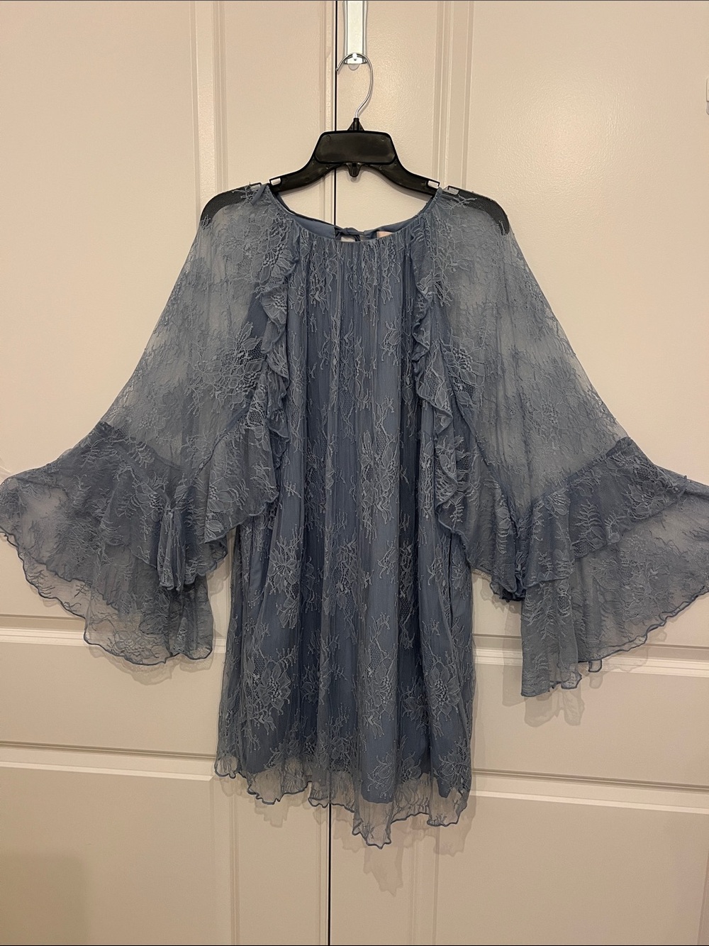 Flowy Dusty Blue Lace Bell-Sleeve Dress